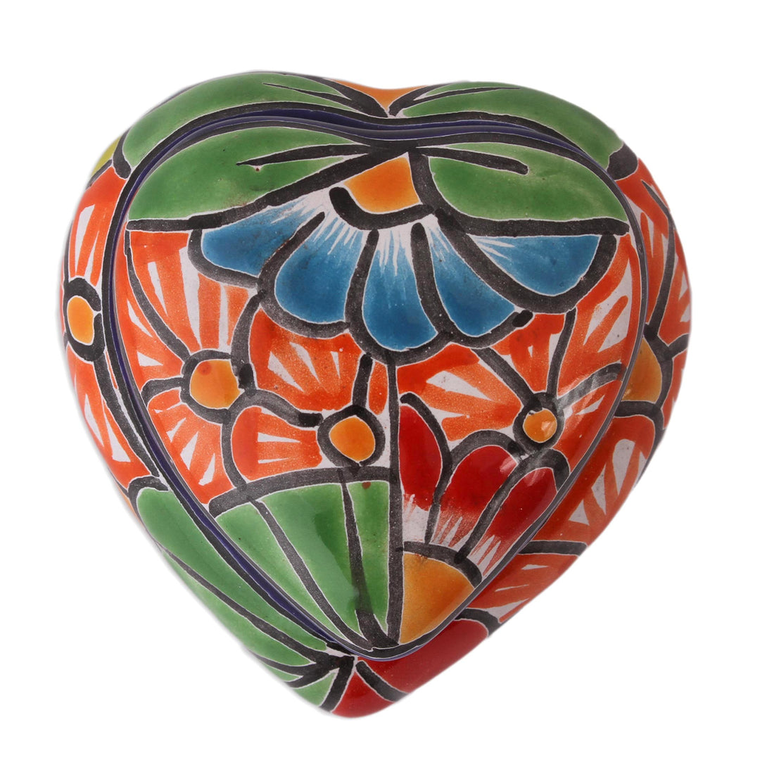 Heart-Shaped Talavera-Style Ceramic Decorative Box - Floral Heart