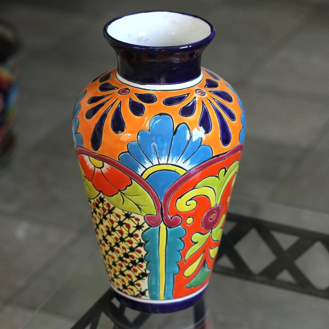 Talavera-Style Ceramic Vase Crafted in Mexico - Floral Display