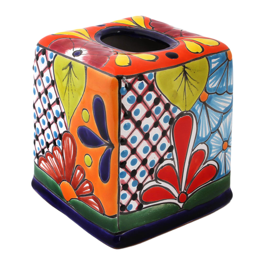Hand-Painted Talavera Ceramic Tissue Box Cover from Mexico - Folk Art Convenience