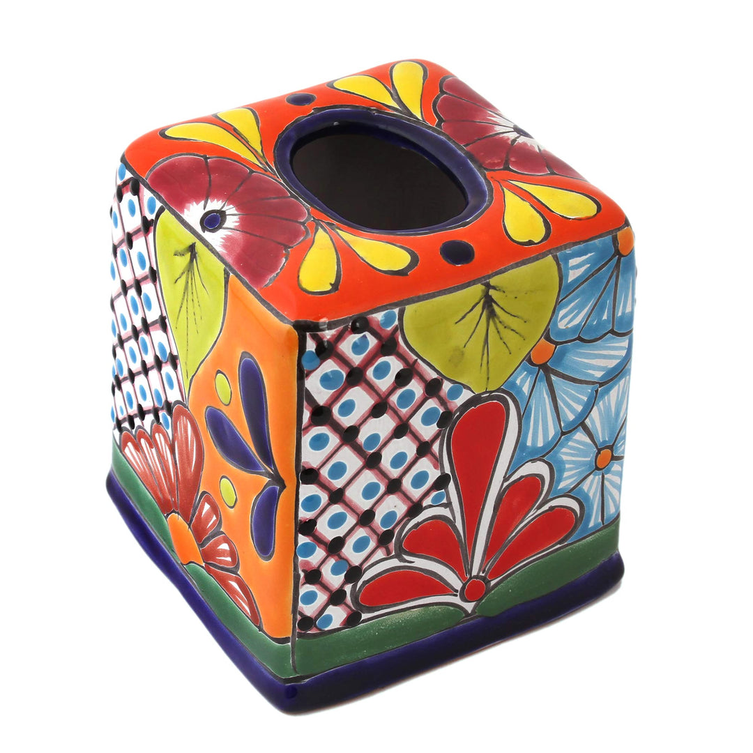 Hand-Painted Talavera Ceramic Tissue Box Cover from Mexico - Folk Art Convenience