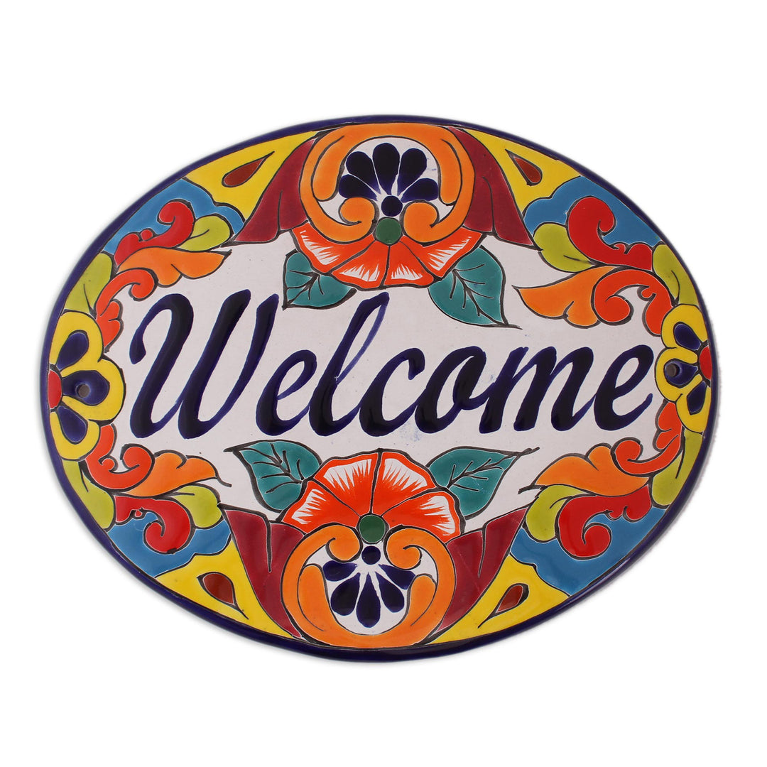Floral Talavera-Style Ceramic Welcome Wall Sign from Mexico - Talavera Welcome