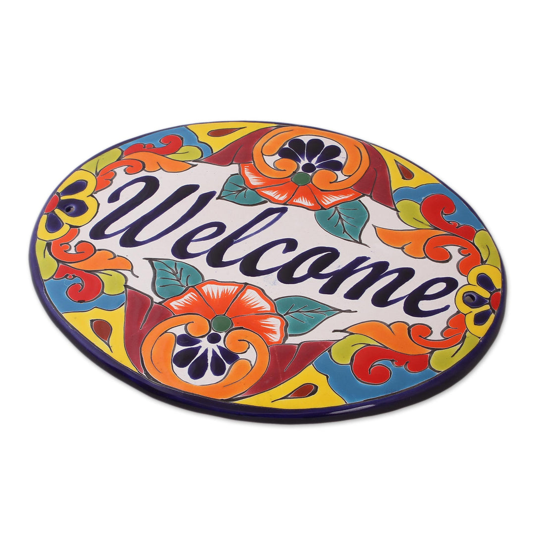 Floral Talavera-Style Ceramic Welcome Wall Sign from Mexico - Talavera Welcome