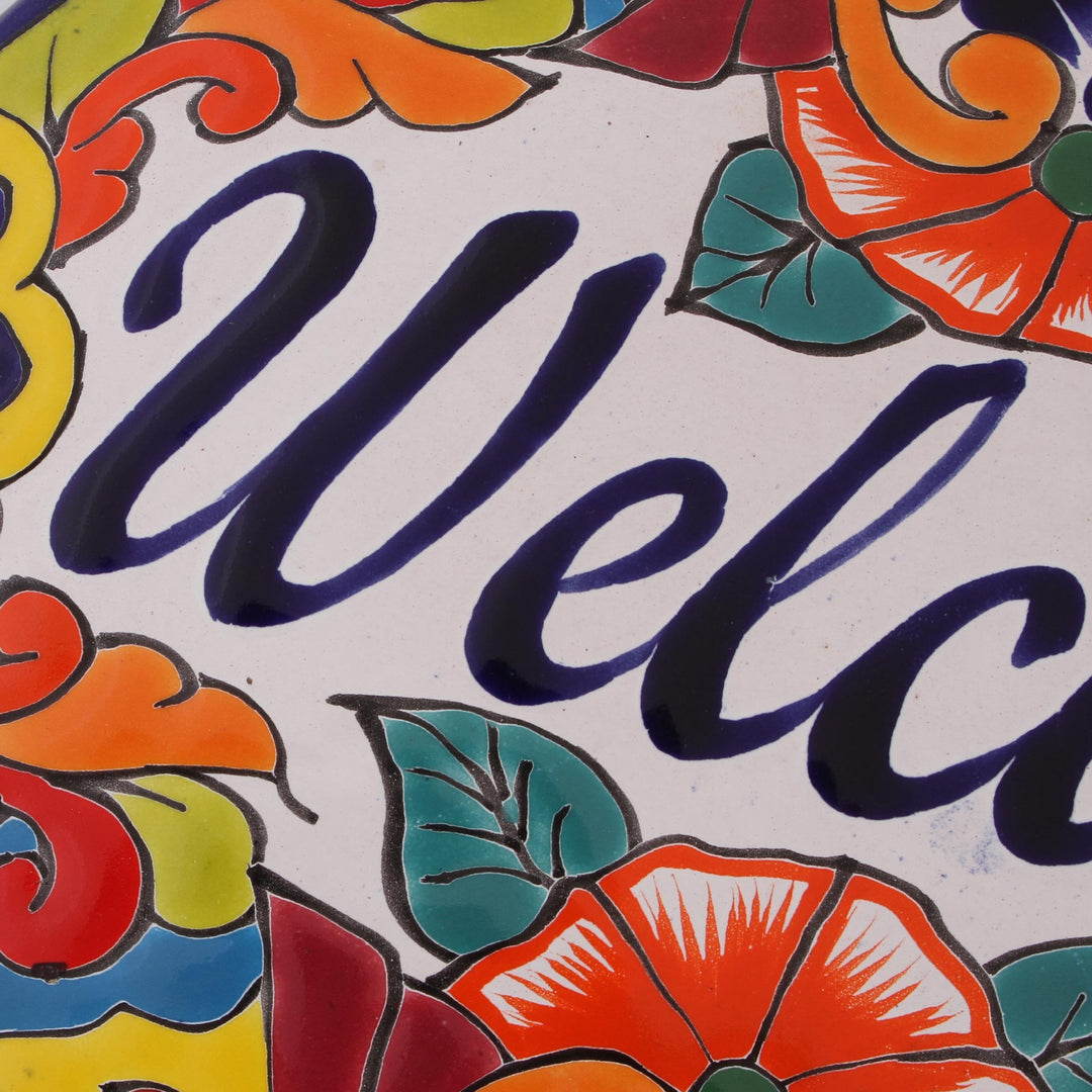 Floral Talavera-Style Ceramic Welcome Wall Sign from Mexico - Talavera Welcome