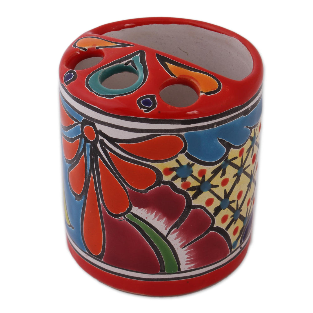 Round Talavera-Style Ceramic Toothbrush Holder from Mexico - Talavera Hygiene