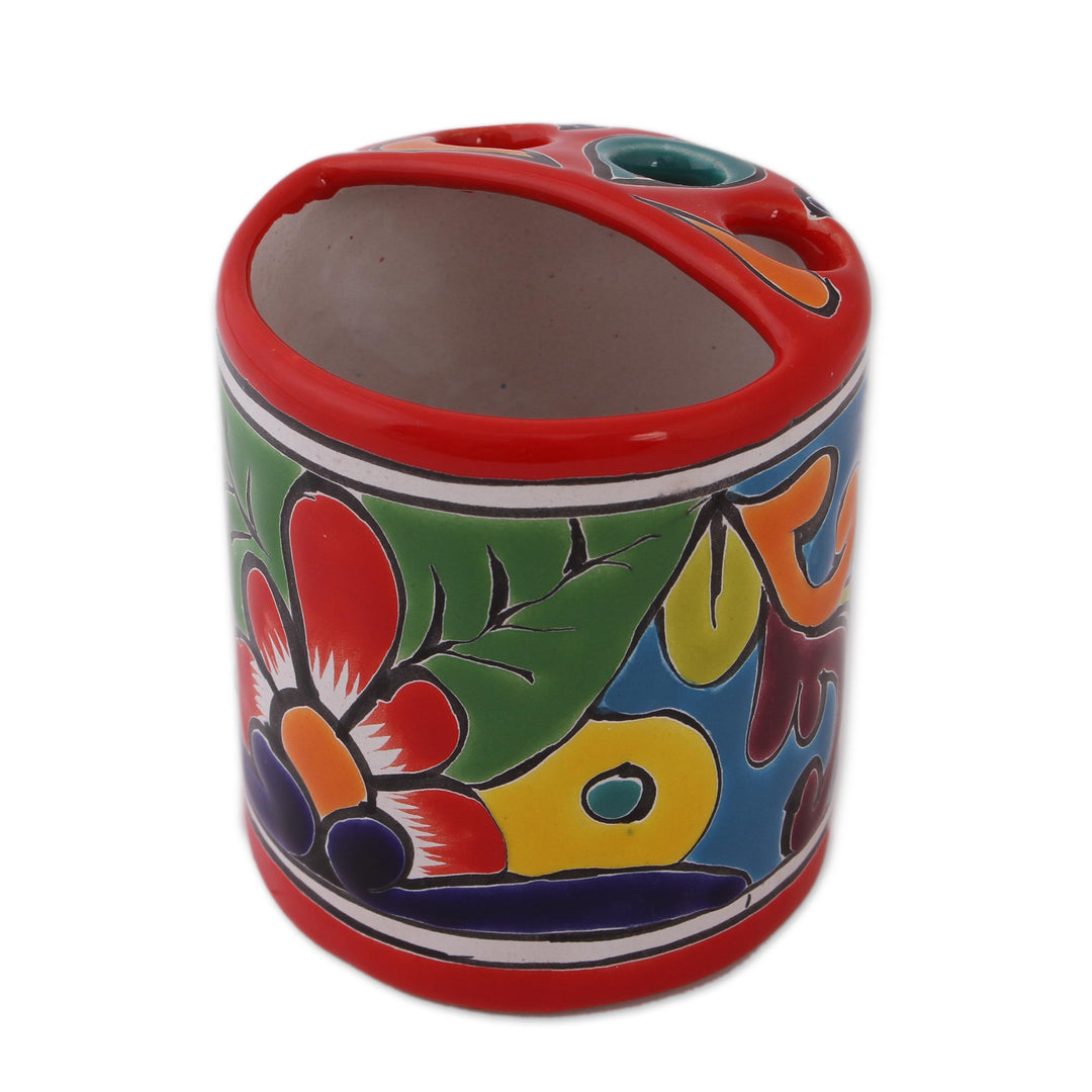 Round Talavera-Style Ceramic Toothbrush Holder from Mexico - Talavera Hygiene