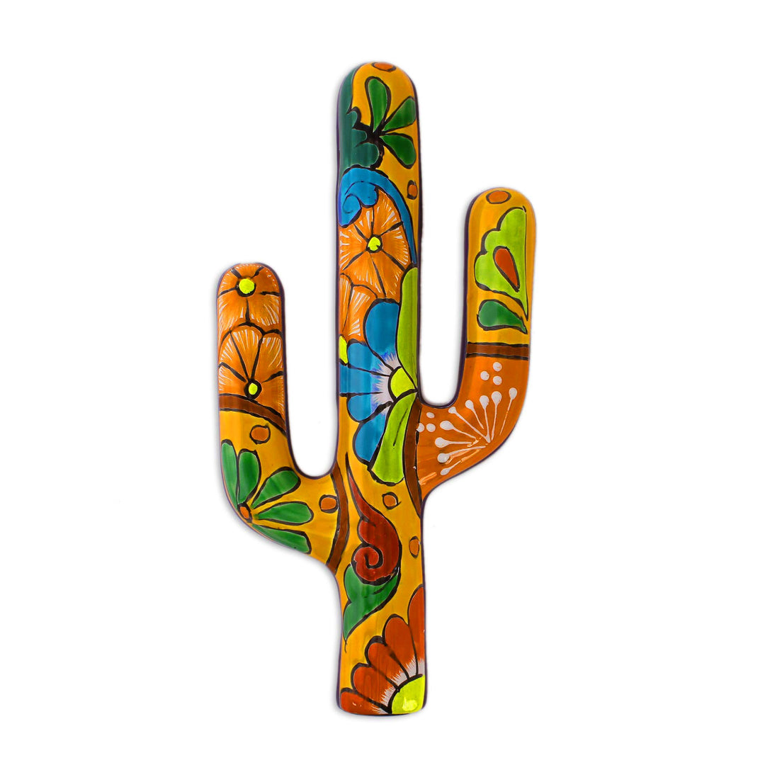 Hand-Painted Cactus Talavera-Style Ceramic Wall Sculpture - Talavera Saguaro