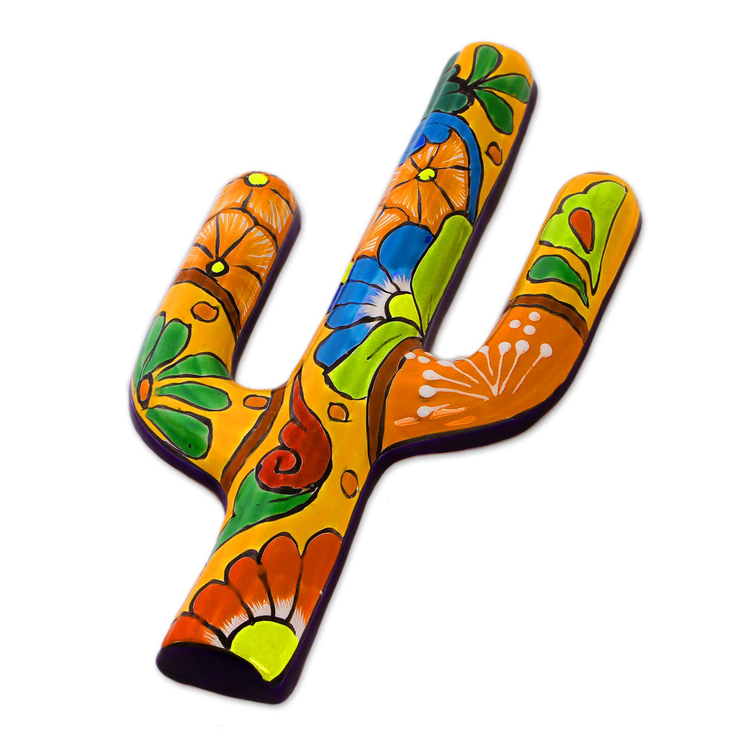 Hand-Painted Cactus Talavera-Style Ceramic Wall Sculpture - Talavera Saguaro