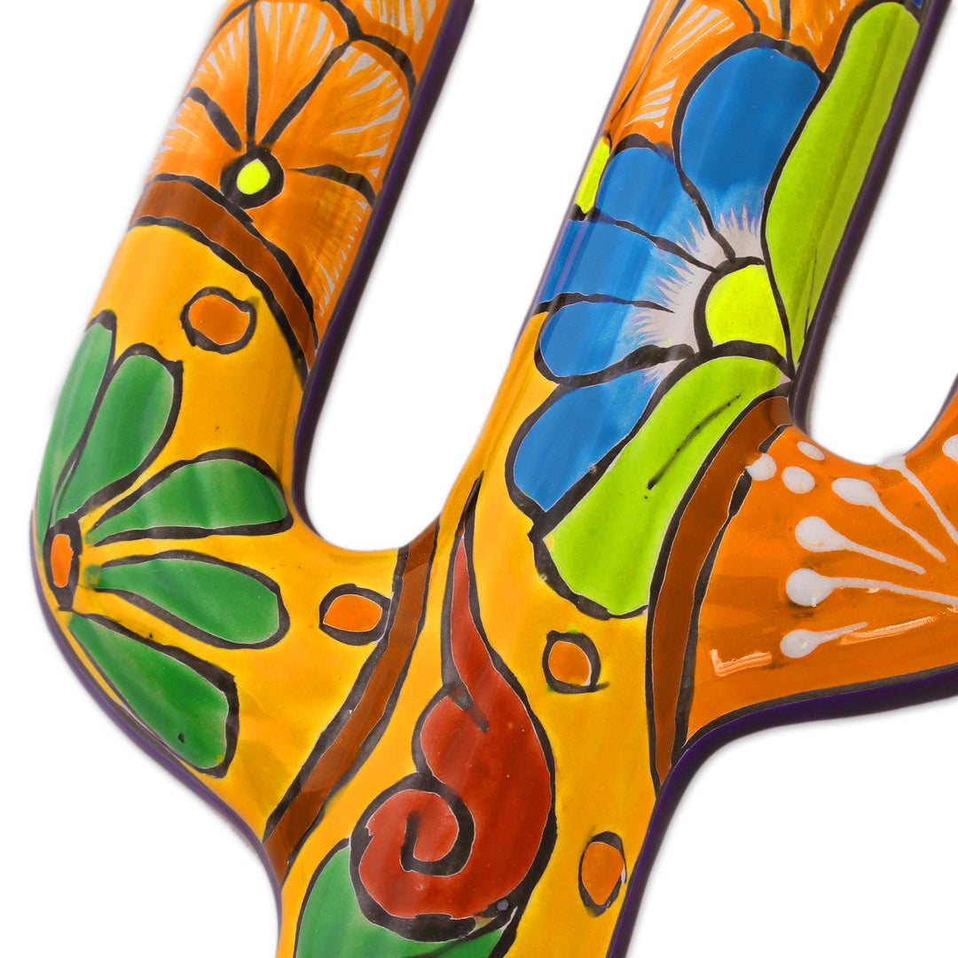 Hand-Painted Cactus Talavera-Style Ceramic Wall Sculpture - Talavera Saguaro