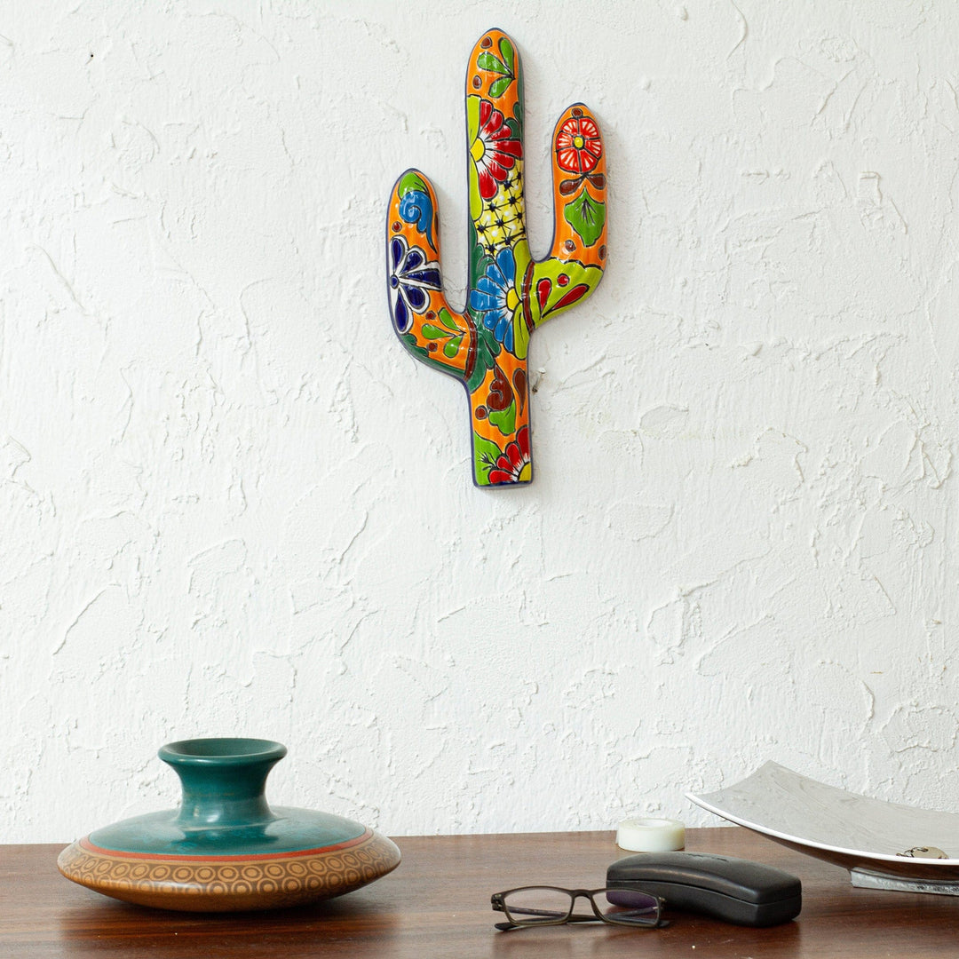 Floral Cactus Talavera-Style Ceramic Wall Sculpture - Desert Saguaro
