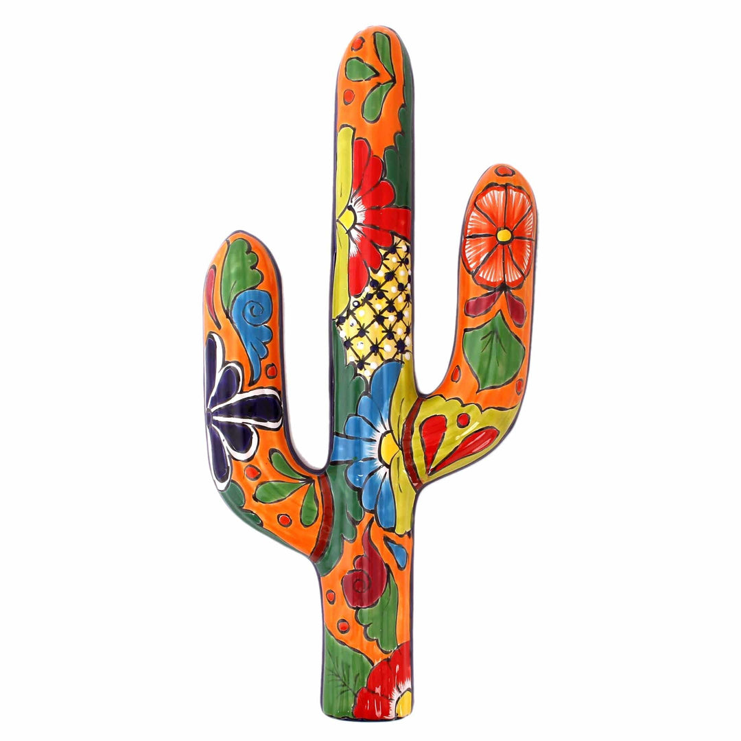 Floral Cactus Talavera-Style Ceramic Wall Sculpture - Desert Saguaro