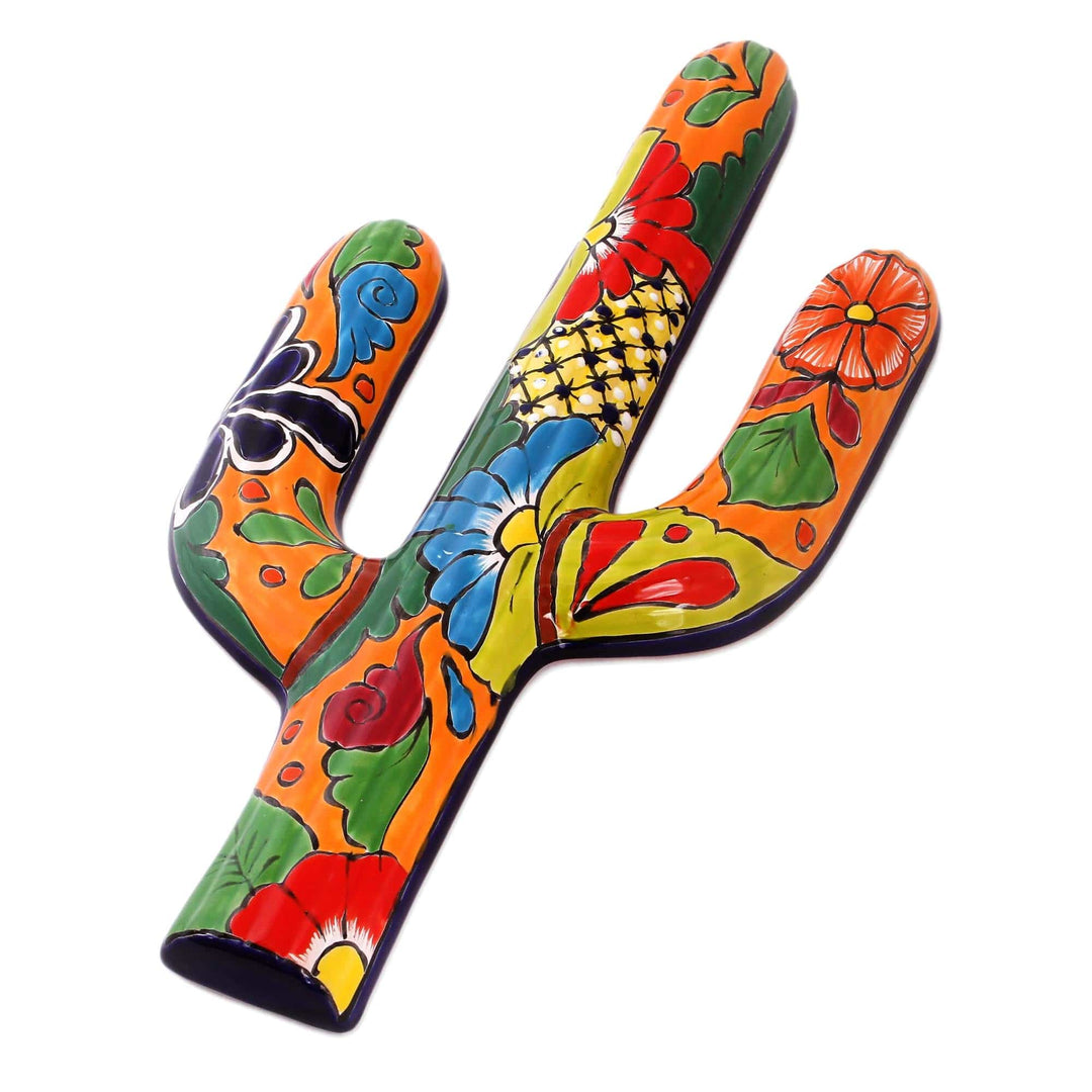 Floral Cactus Talavera-Style Ceramic Wall Sculpture - Desert Saguaro