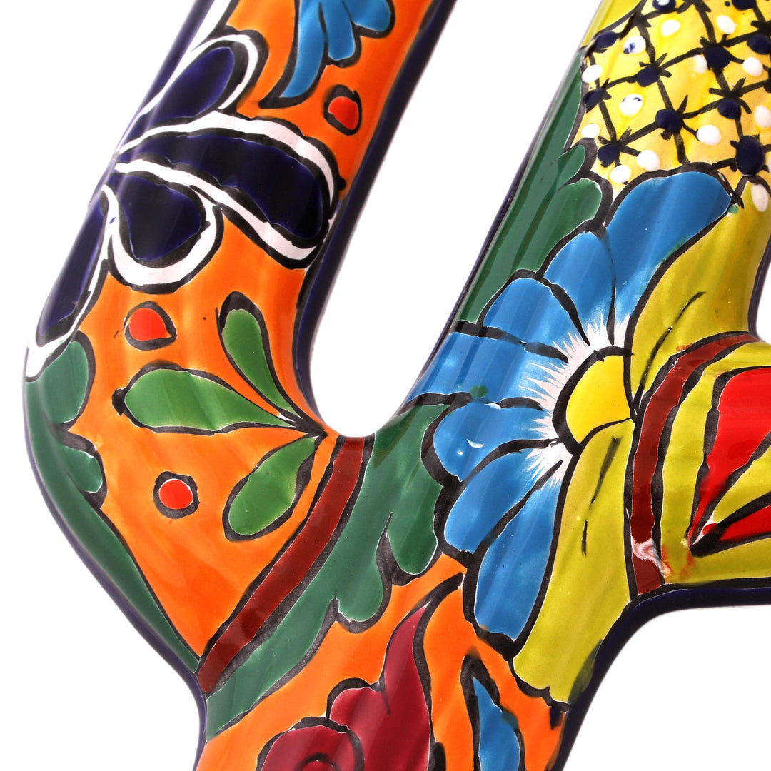 Floral Cactus Talavera-Style Ceramic Wall Sculpture - Desert Saguaro