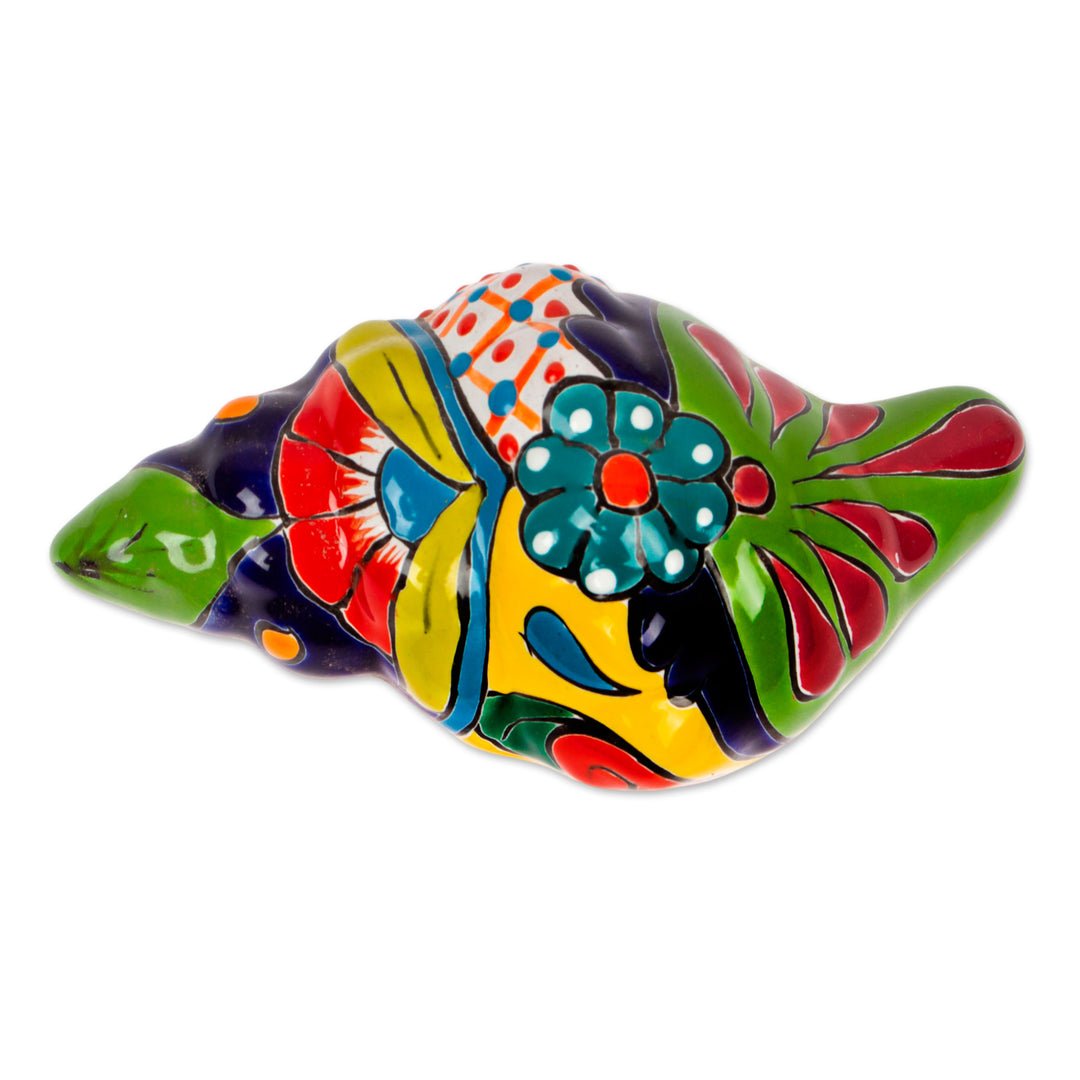 Talavera Style Ceramic Conch Sculpture from Mexico - Talavera Conch