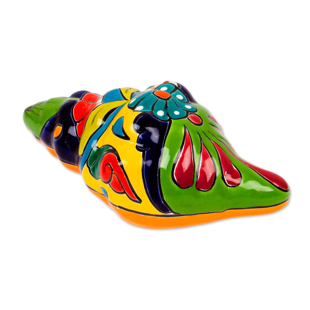 Talavera Style Ceramic Conch Sculpture from Mexico - Talavera Conch