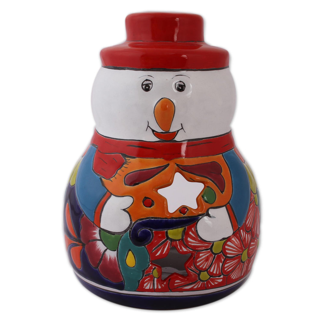Snowman Talavera Ceramic Candle Holder from Mexico - Snowman Glow