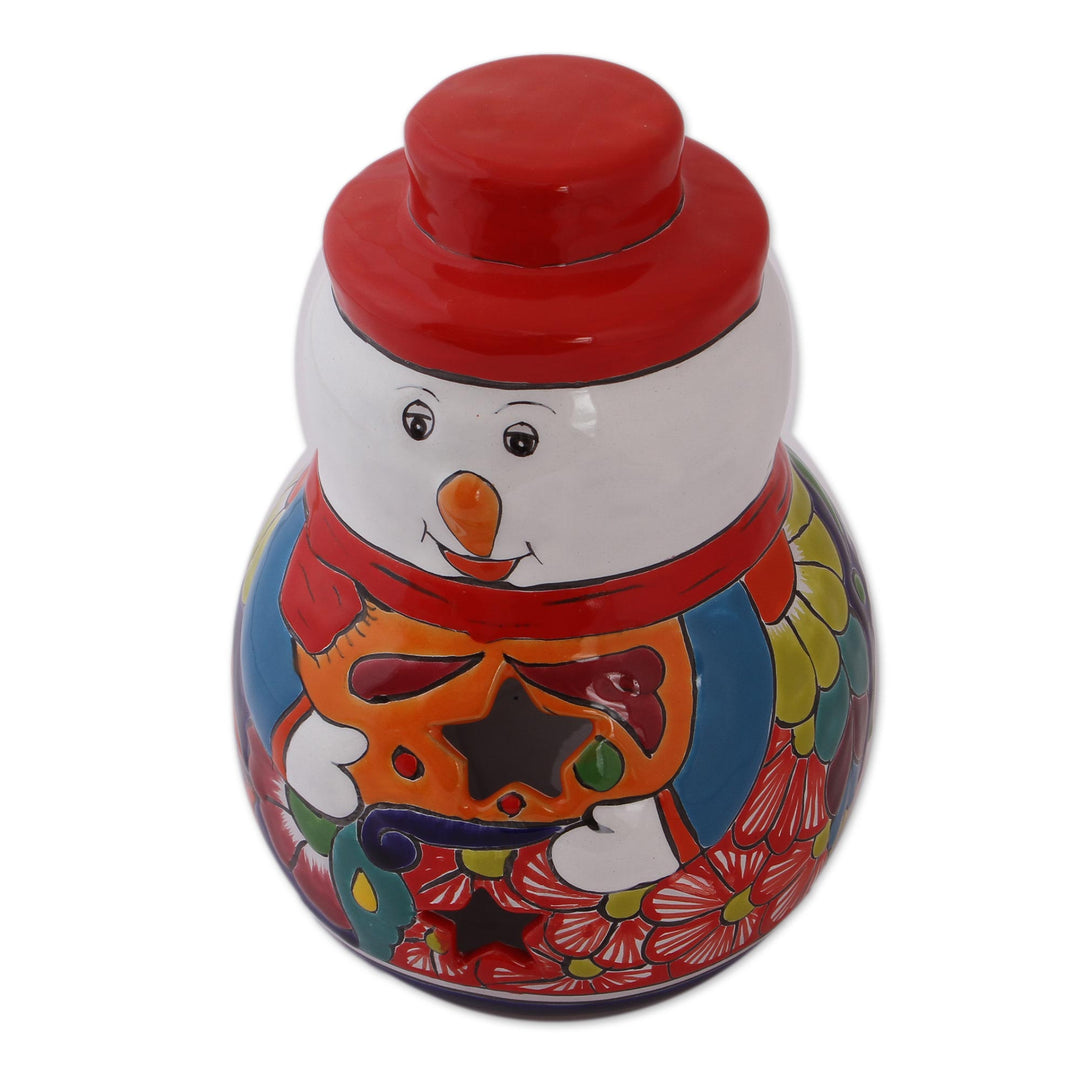 Snowman Talavera Ceramic Candle Holder from Mexico - Snowman Glow