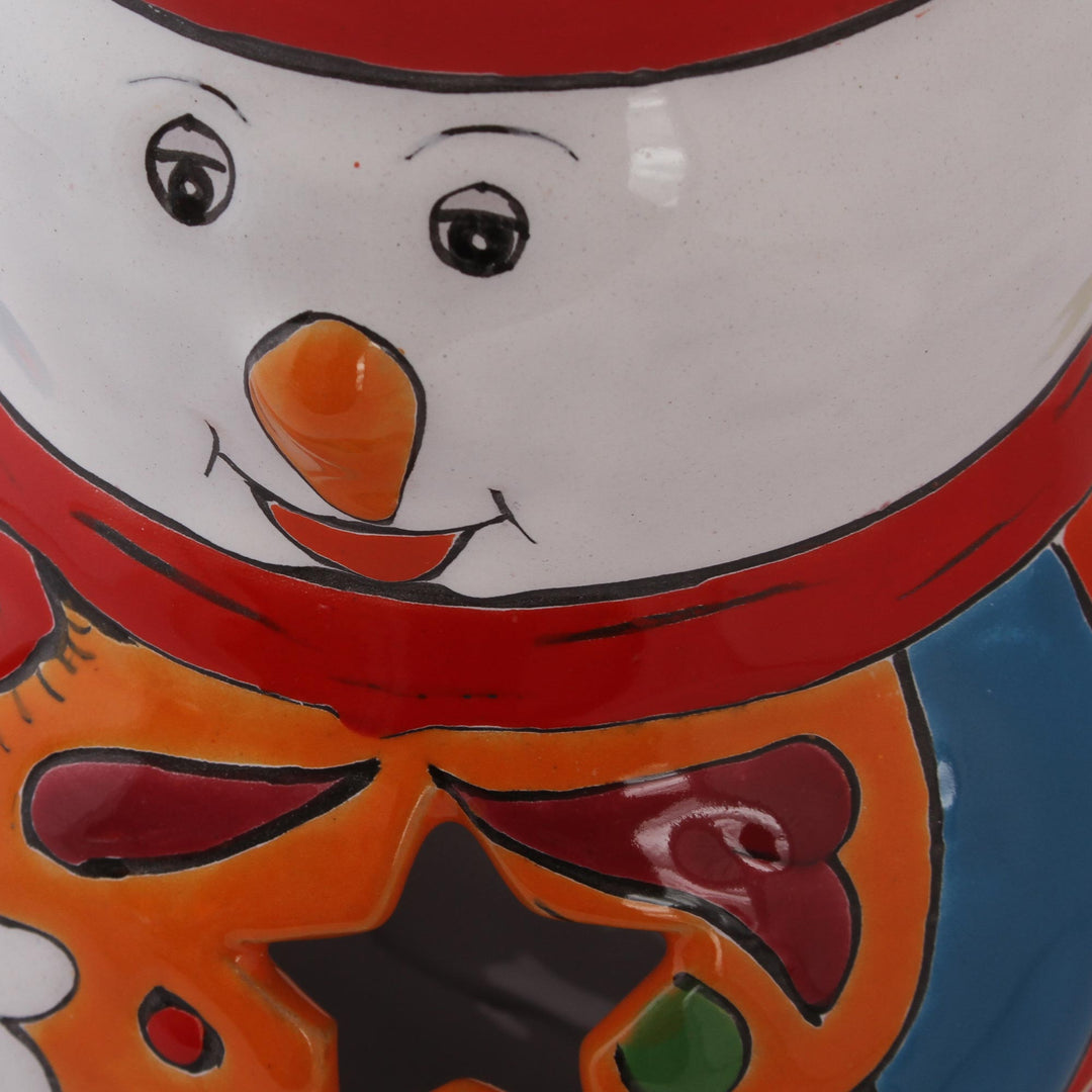 Snowman Talavera Ceramic Candle Holder from Mexico - Snowman Glow