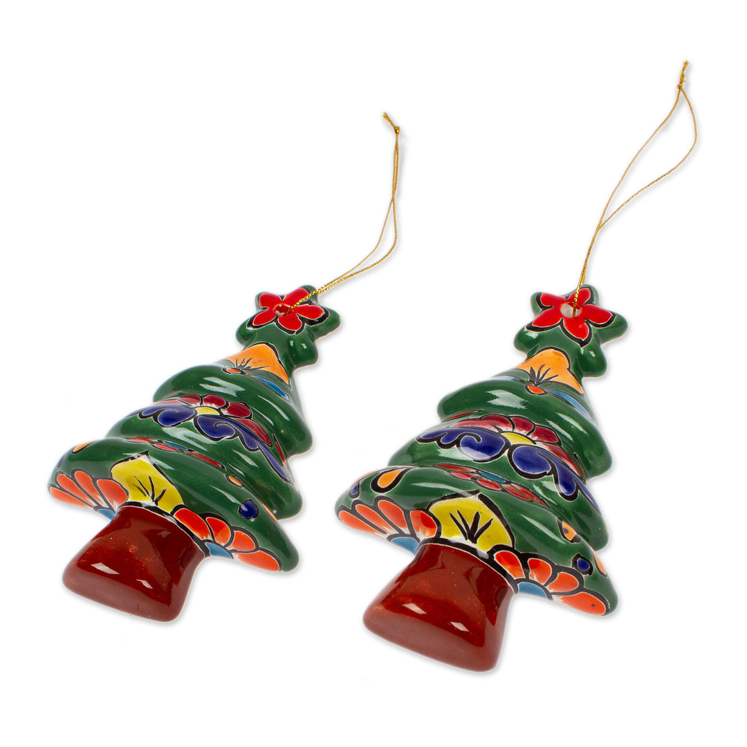 Floral Ceramic Christmas Tree Ornaments from Mexico (Pair) - Talavera Celebration