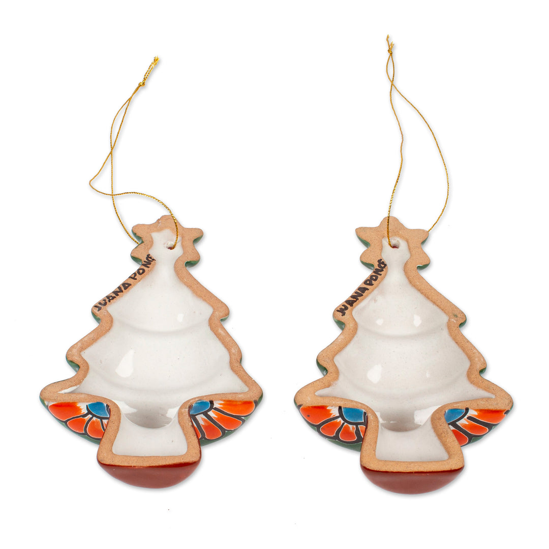 Floral Ceramic Christmas Tree Ornaments from Mexico (Pair) - Talavera Celebration