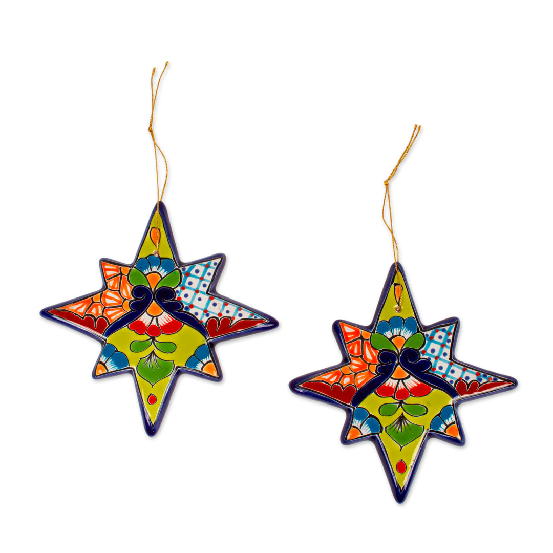 Star-Shaped Talavera Ceramic Ornaments from Mexico (Pair) - North Star