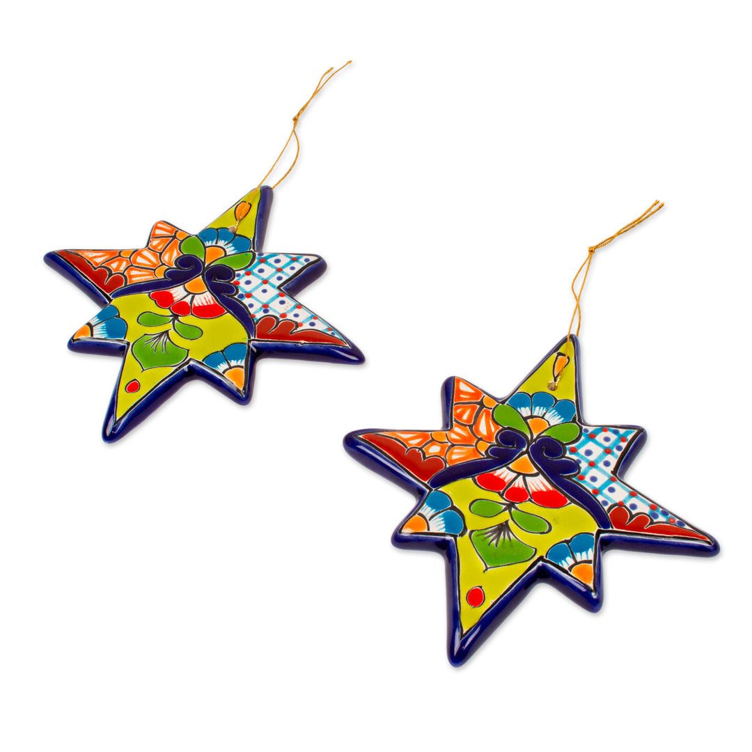 Star-Shaped Talavera Ceramic Ornaments from Mexico (Pair) - North Star