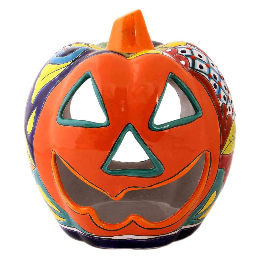 Floral Jack-O-Lantern Talavera Ceramic Candle Holder - Jolly Jack-O-Lantern