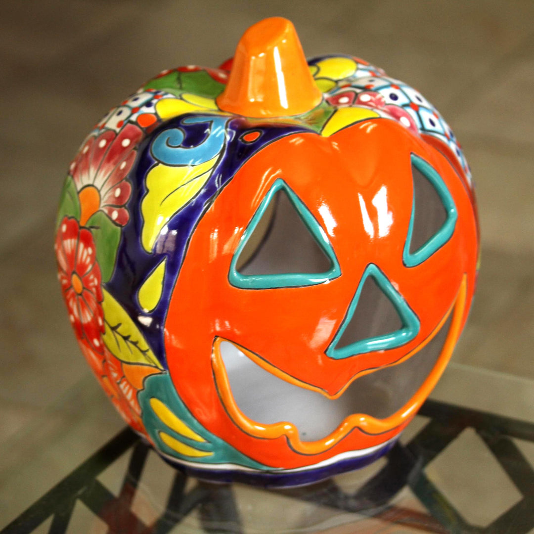 Floral Jack-O-Lantern Talavera Ceramic Candle Holder - Jolly Jack-O-Lantern