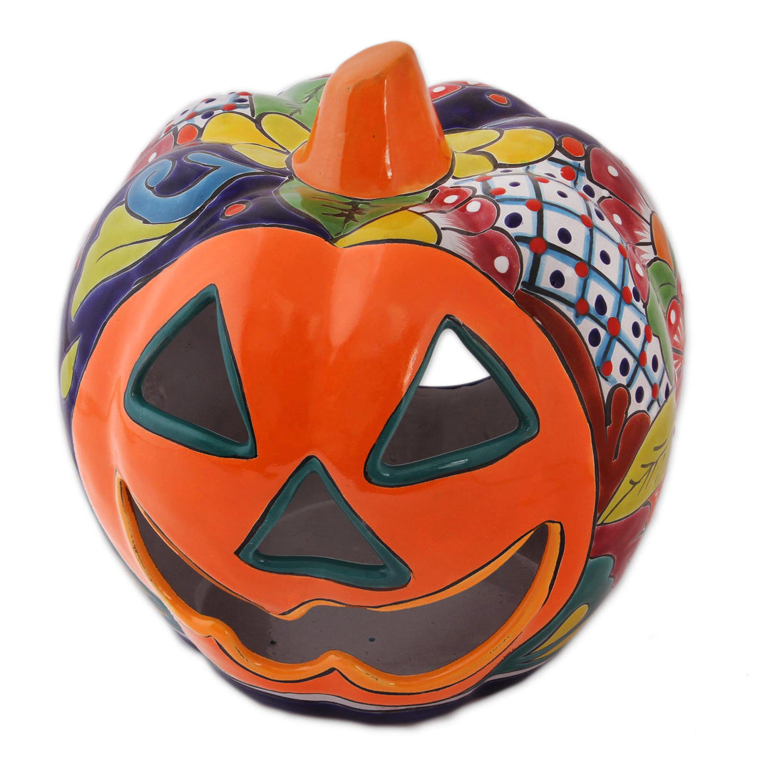 Floral Jack-O-Lantern Talavera Ceramic Candle Holder - Jolly Jack-O-Lantern