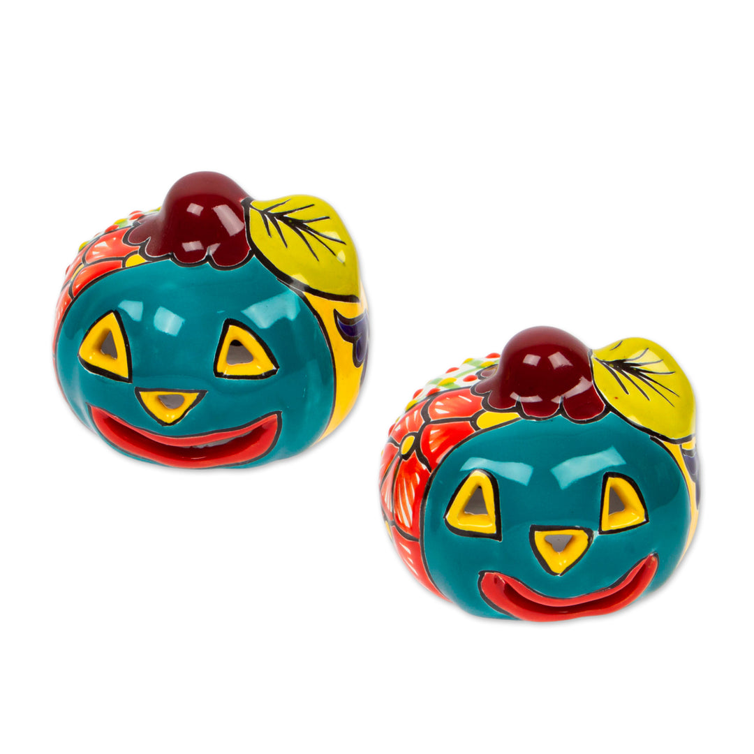 Jack-O-Lantern Talavera Ceramic Tealight Holders (Pair) - Bright Jack-O-Lantern