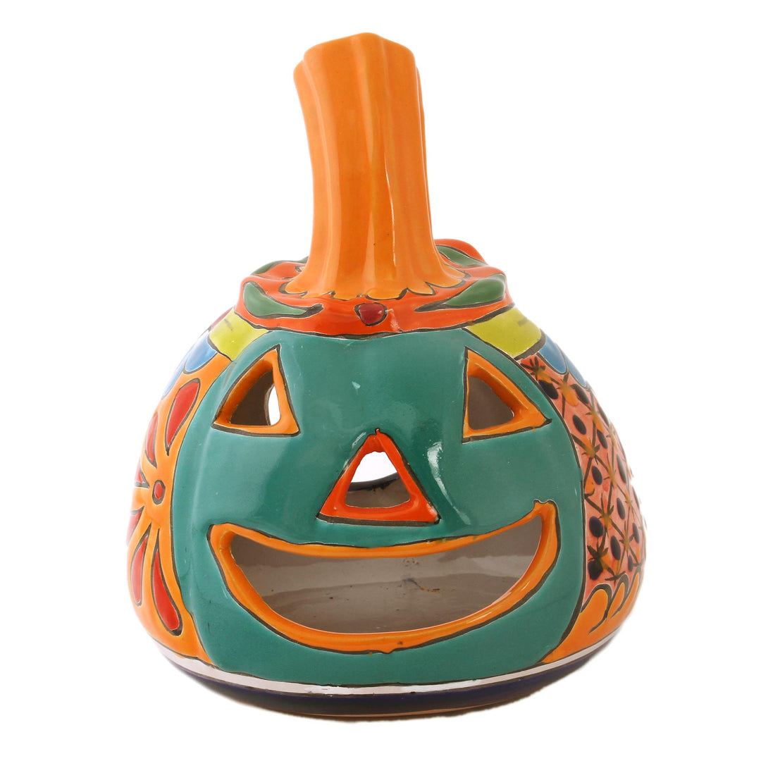 Jack-O-Lantern Talavera Style Ceramic Candle Holder - Happy Jack-O-Lantern