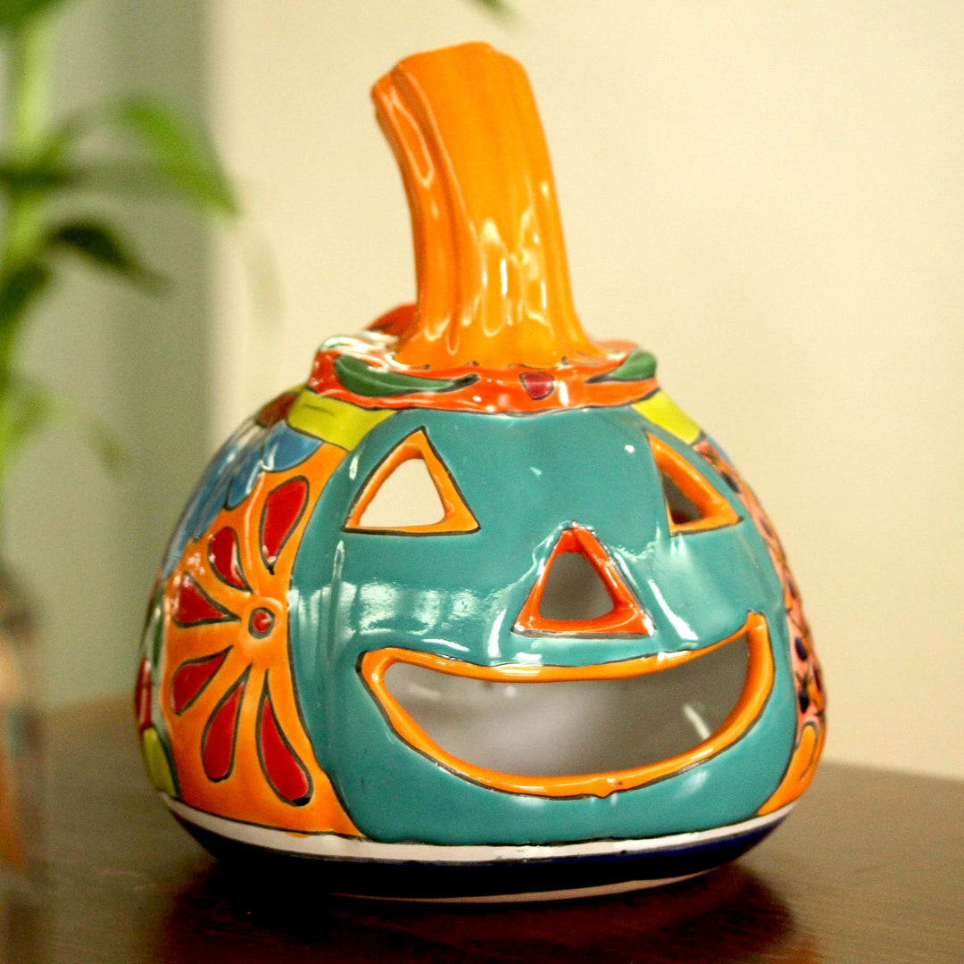 Jack-O-Lantern Talavera Style Ceramic Candle Holder - Happy Jack-O-Lantern