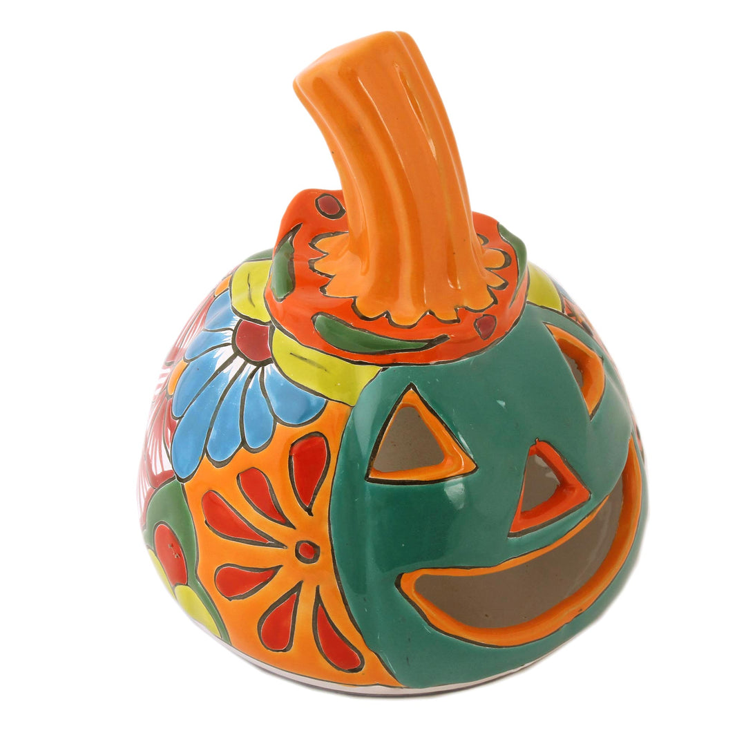 Jack-O-Lantern Talavera Style Ceramic Candle Holder - Happy Jack-O-Lantern