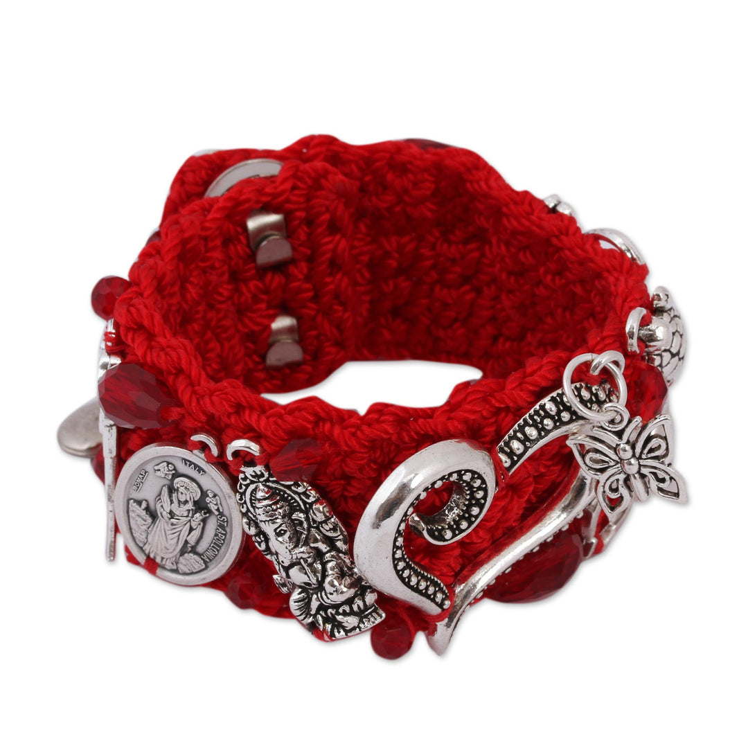 Glass Beaded Charm Bracelet in Crimson from Mexico - Passionate Blessing