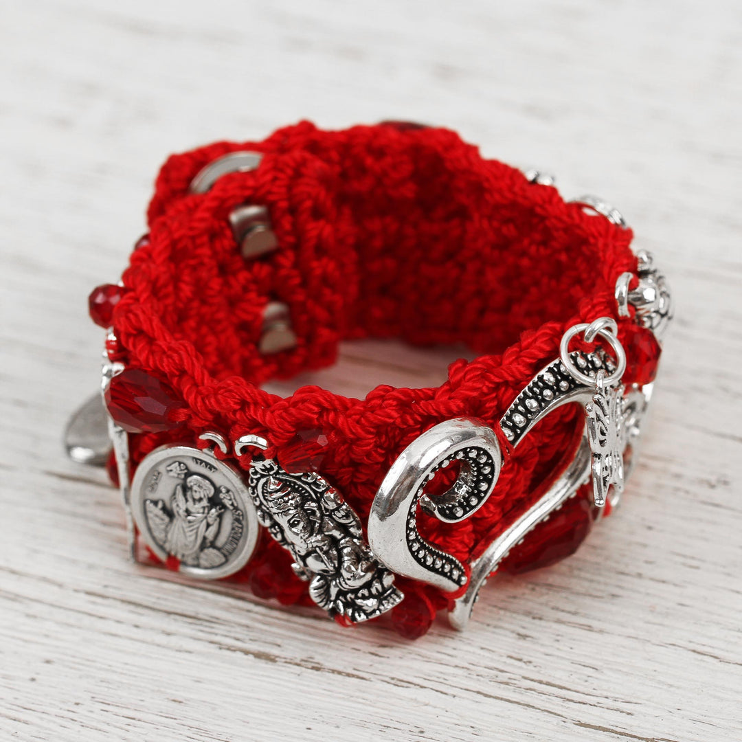 Glass Beaded Charm Bracelet in Crimson from Mexico - Passionate Blessing