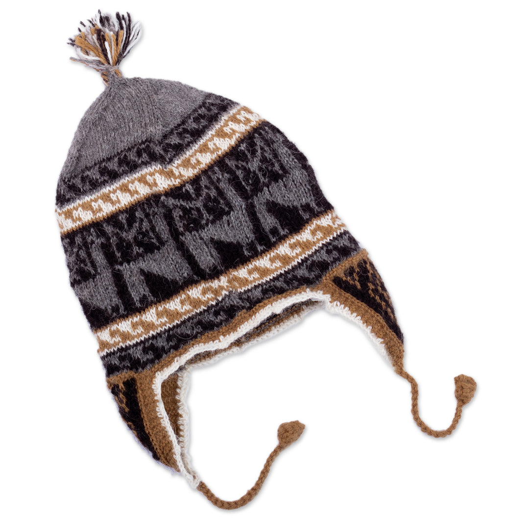 Alpaca Blend Chullo Hat with Llama Patterns in Smoke - Llama Silhouette in Smoke