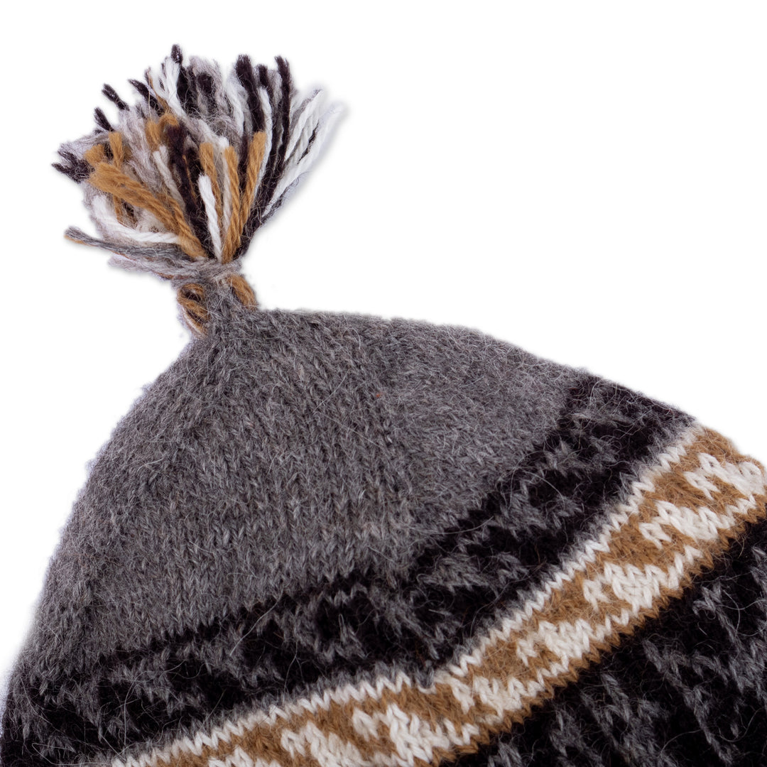 Alpaca Blend Chullo Hat with Llama Patterns in Smoke - Llama Silhouette in Smoke