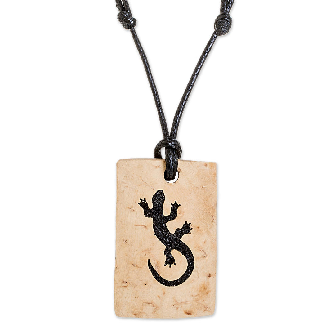 Coconut Shell and Lava Stone Gecko Pendant Necklace - Gecko Rectangle