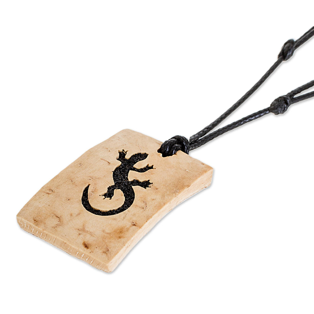Coconut Shell and Lava Stone Gecko Pendant Necklace - Gecko Rectangle