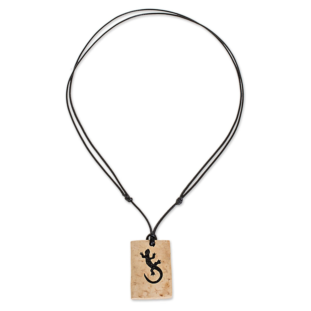Coconut Shell and Lava Stone Gecko Pendant Necklace - Gecko Rectangle