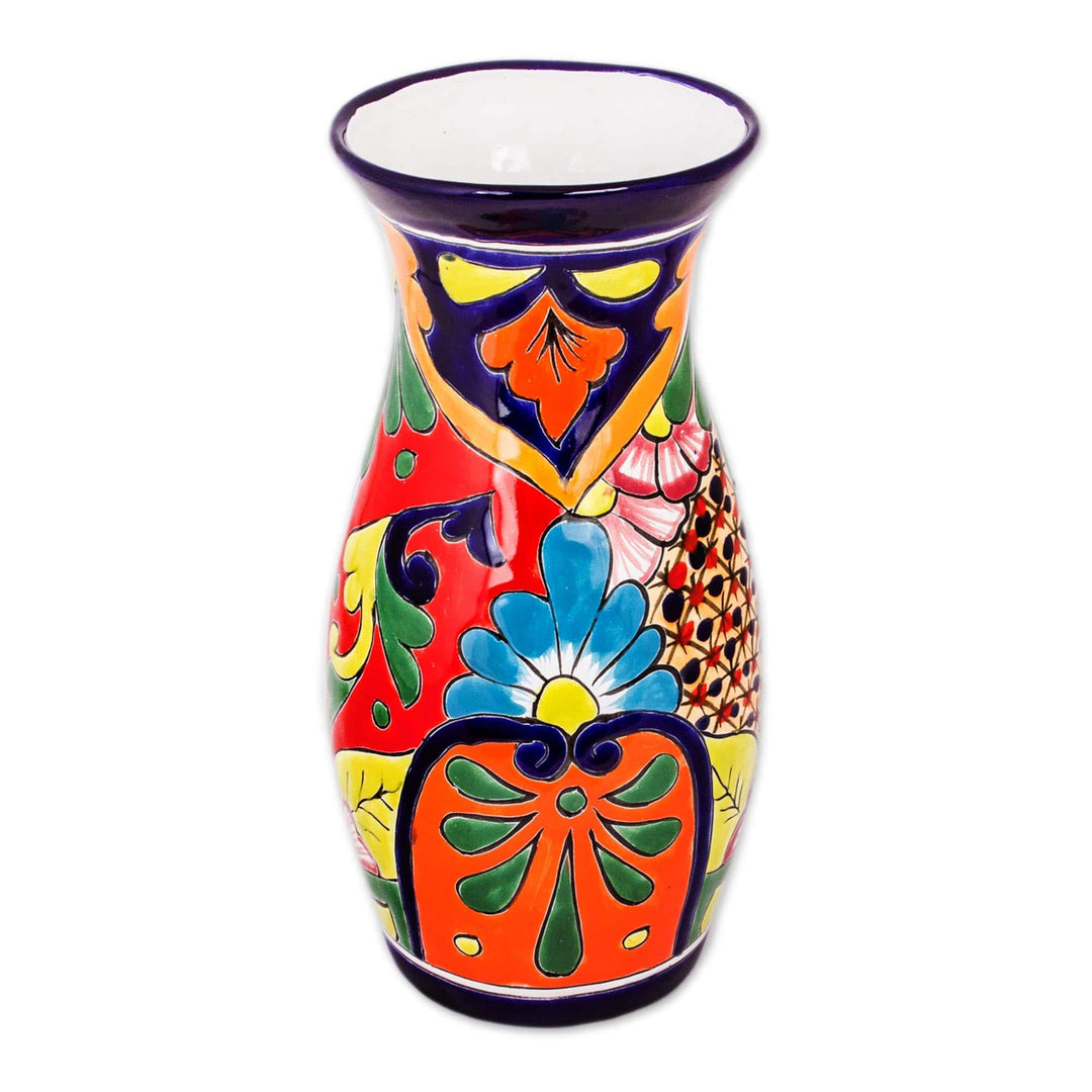 Curvy Talavera-Style Ceramic Vase Crafted in Mexico - Colorful Curves