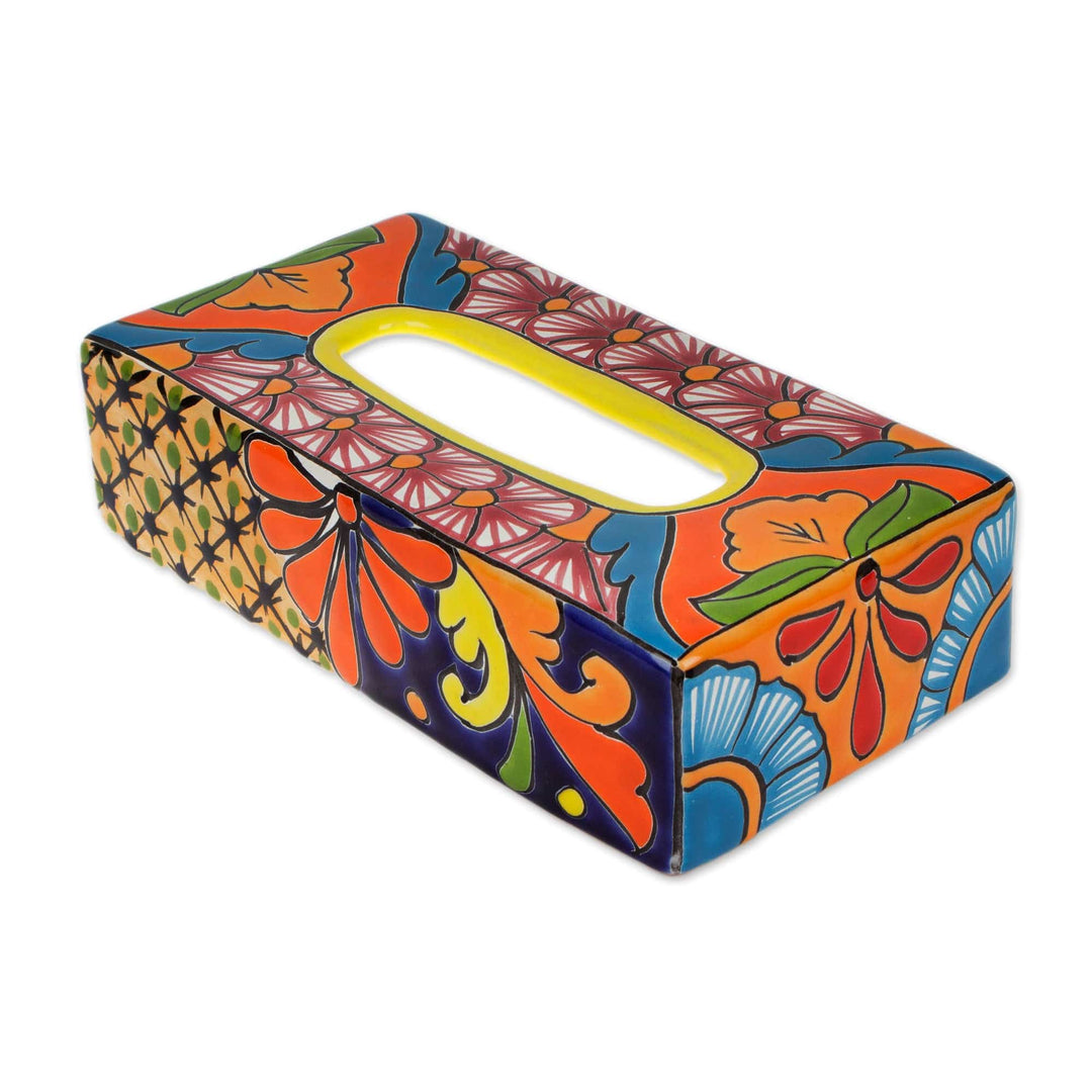 Floral Talavera-Style Ceramic Tissue Box Cover from Mexico - Hacienda Convenience