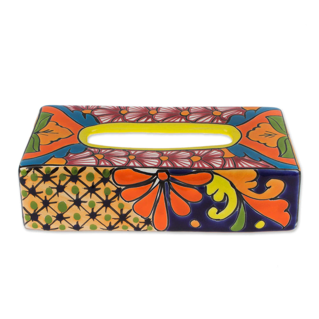 Floral Talavera-Style Ceramic Tissue Box Cover from Mexico - Hacienda Convenience