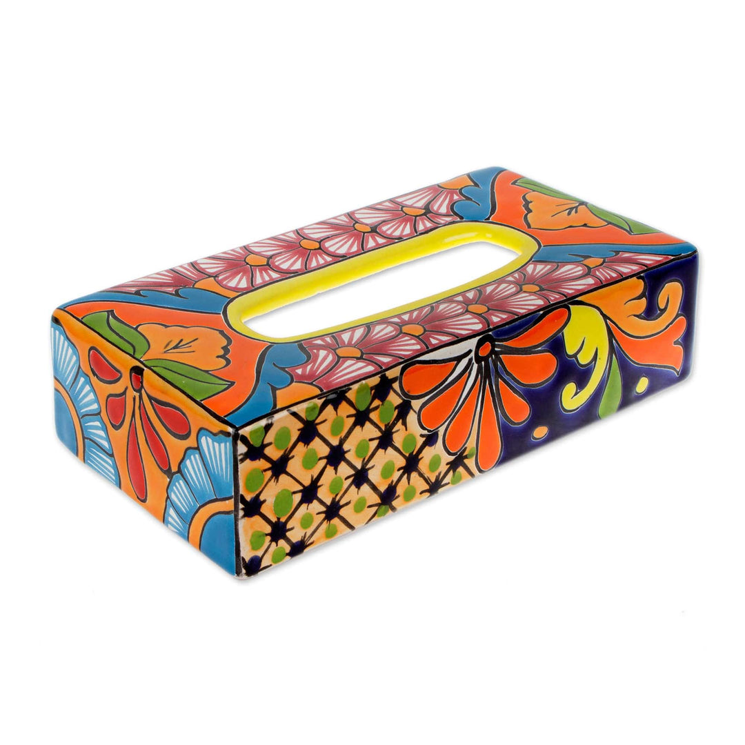 Floral Talavera-Style Ceramic Tissue Box Cover from Mexico - Hacienda Convenience