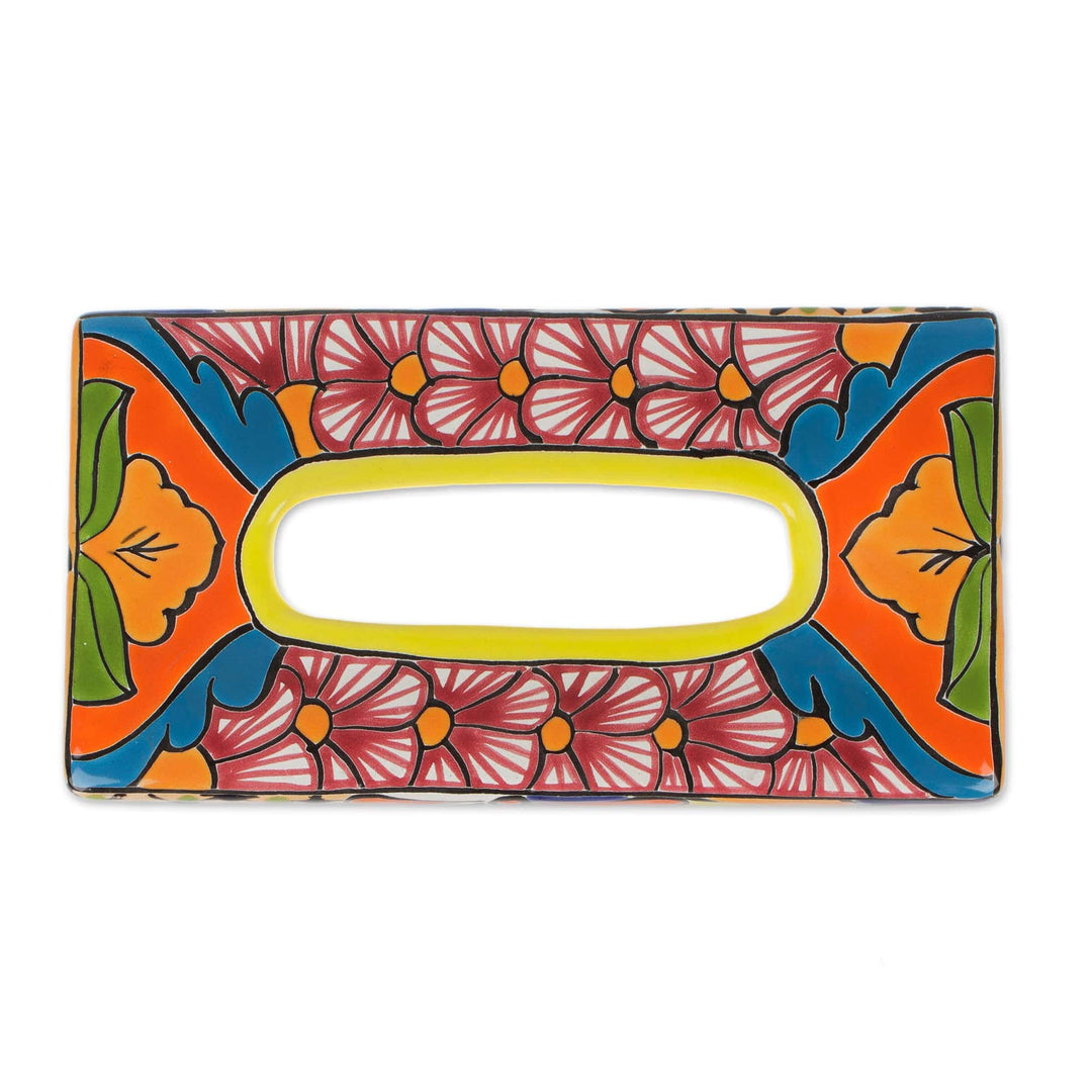 Floral Talavera-Style Ceramic Tissue Box Cover from Mexico - Hacienda Convenience