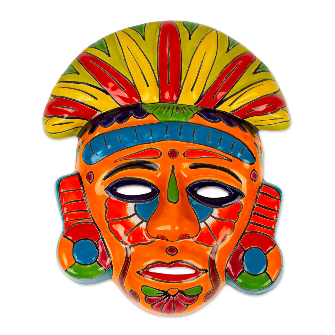 Talavera-Style Ceramic Aztec Mask Crafted in Mexico - Chicha Penacho