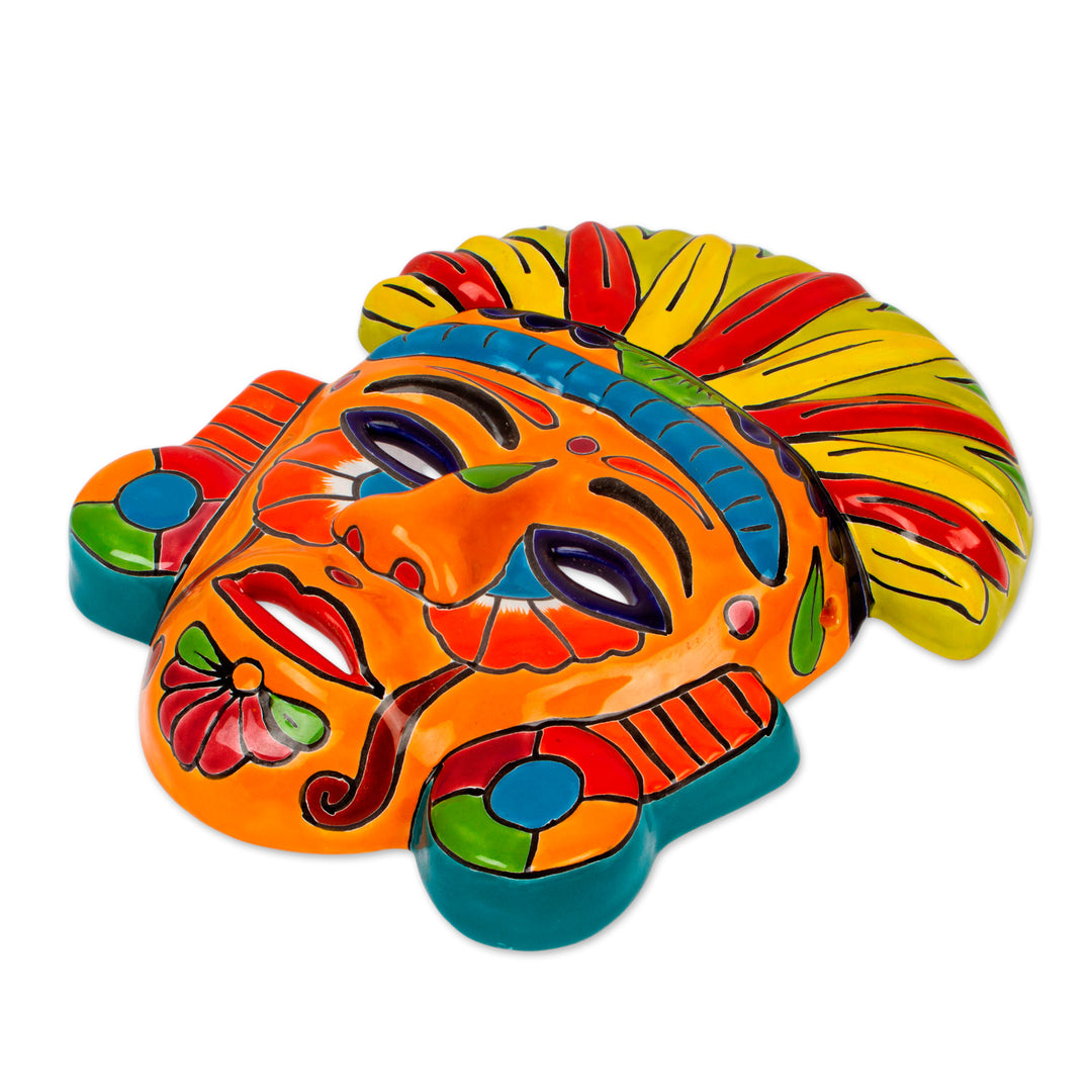 Talavera-Style Ceramic Aztec Mask Crafted in Mexico - Chicha Penacho