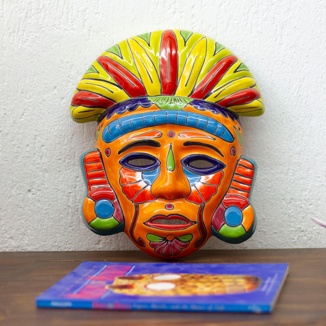 Talavera-Style Ceramic Aztec Mask Crafted in Mexico - Chicha Penacho