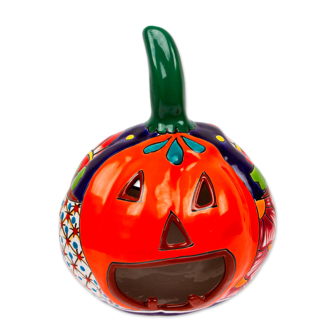 Talavera-Style Ceramic Jack-O-Lantern Candle Holder - Floral Jack-O-Lantern
