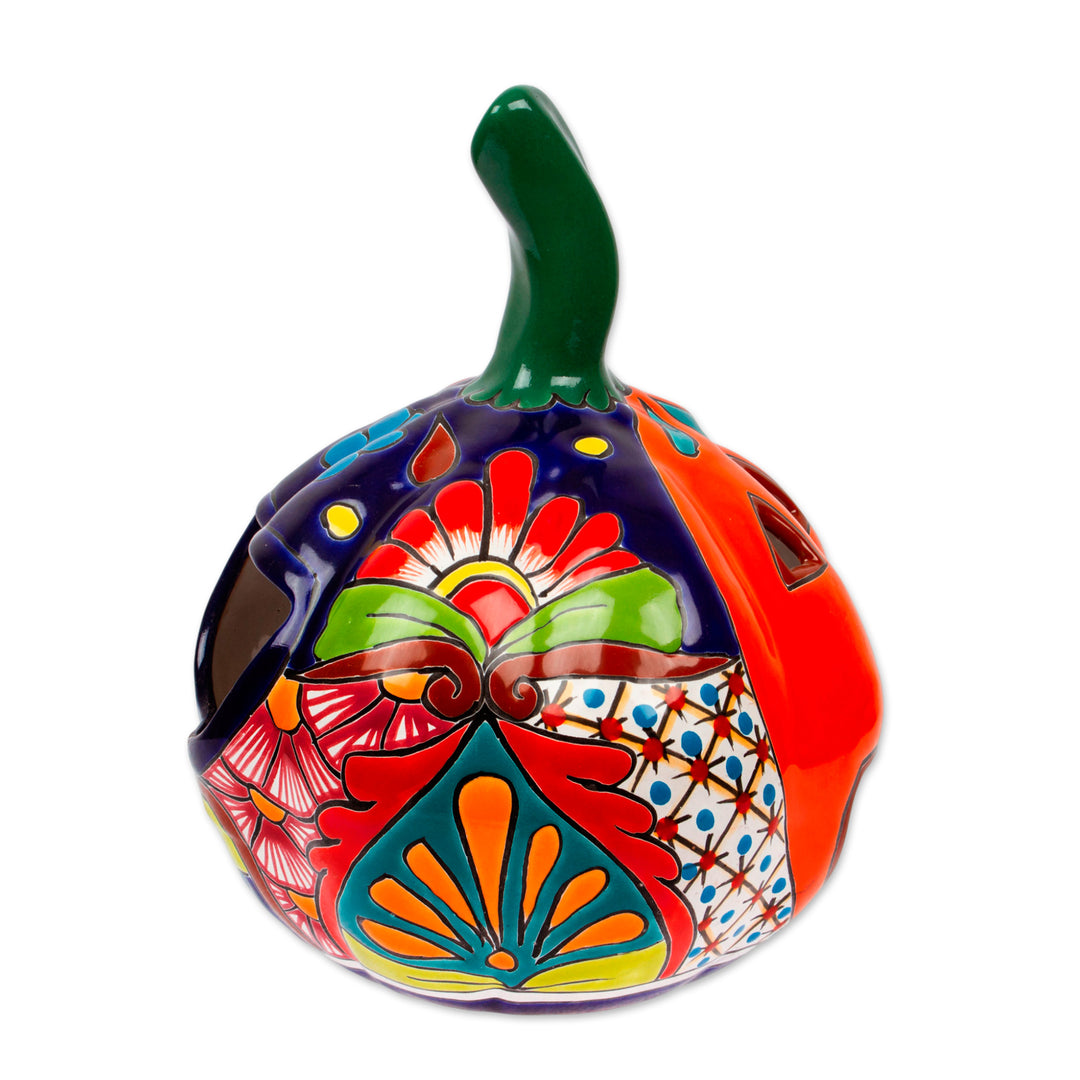Talavera-Style Ceramic Jack-O-Lantern Candle Holder - Floral Jack-O-Lantern