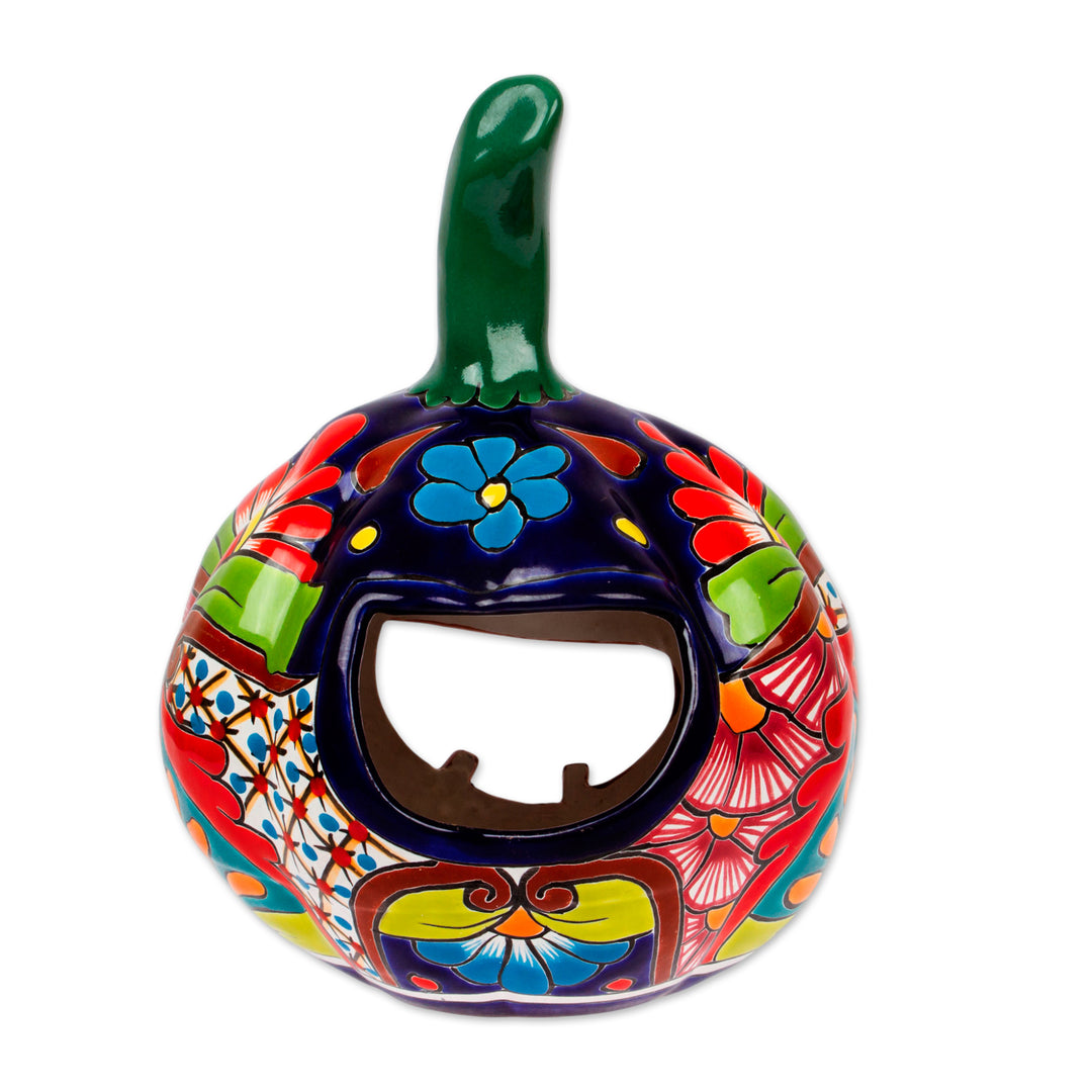 Talavera-Style Ceramic Jack-O-Lantern Candle Holder - Floral Jack-O-Lantern
